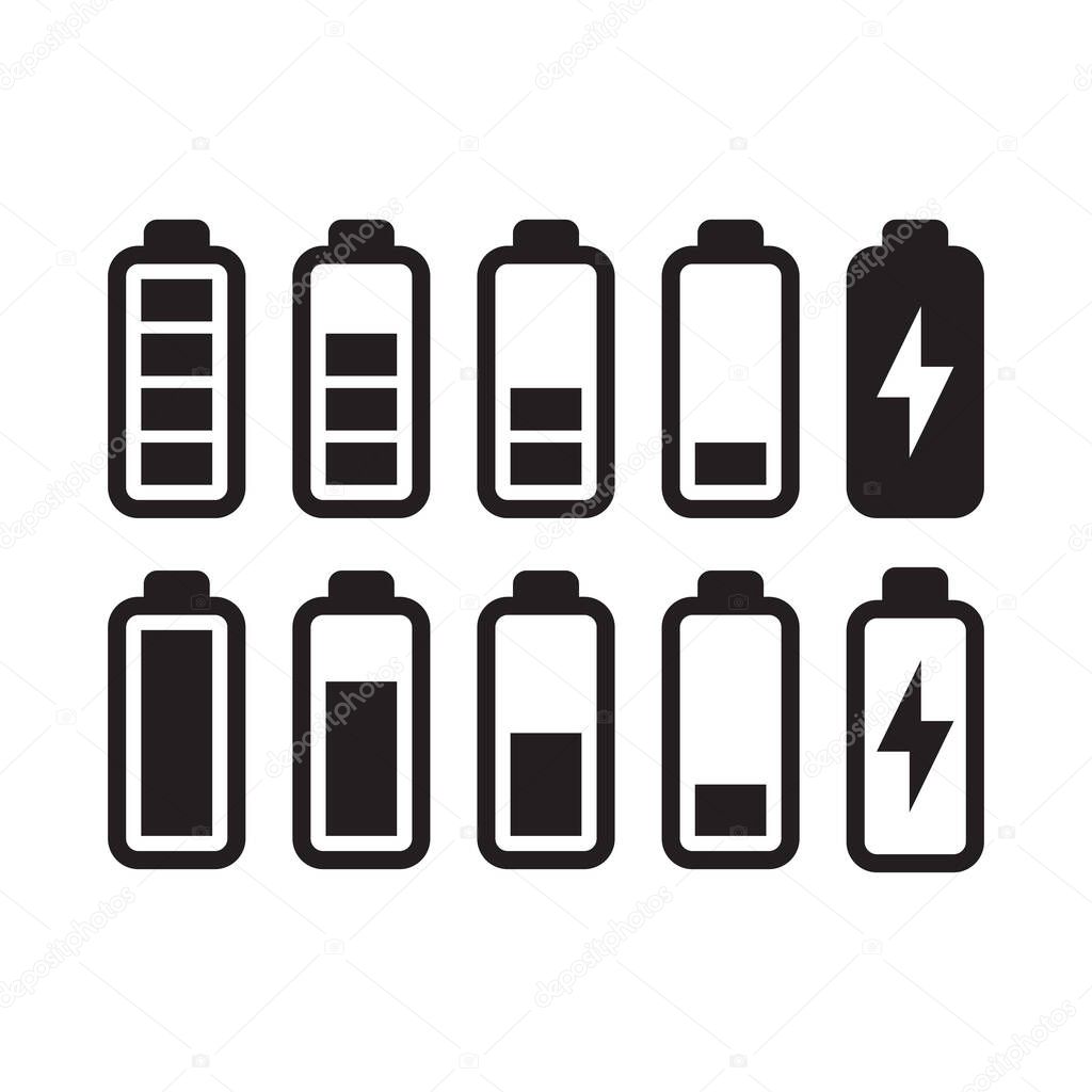 Battery empty and full with a lightning bolt charge symbol. Black isolated simple battery vector icon set.