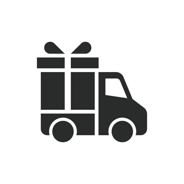 Levering Vrachtwagen Vrachtwagen Met Geschenkdoos Lint Zwart Geïsoleerde Vector Pictogram — Stockvector