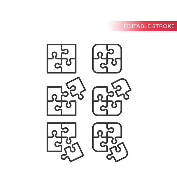 Kirakós Puzzle Négy Darab Összeszerelés Vékony Vonal Vektor Ikon Készlet — Stock Vector