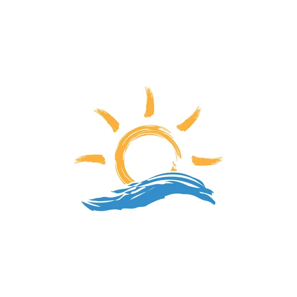 太陽と海の波ベクトルカラフルなイラストやアイコン 夏休みのシンボル ドライブラシ効果 — ストックベクタ