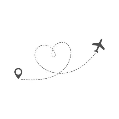 Kesik çizgili uçak rotası veya uçuş rotası ve konum pin vektör illüstrasyonlu bir kalp.