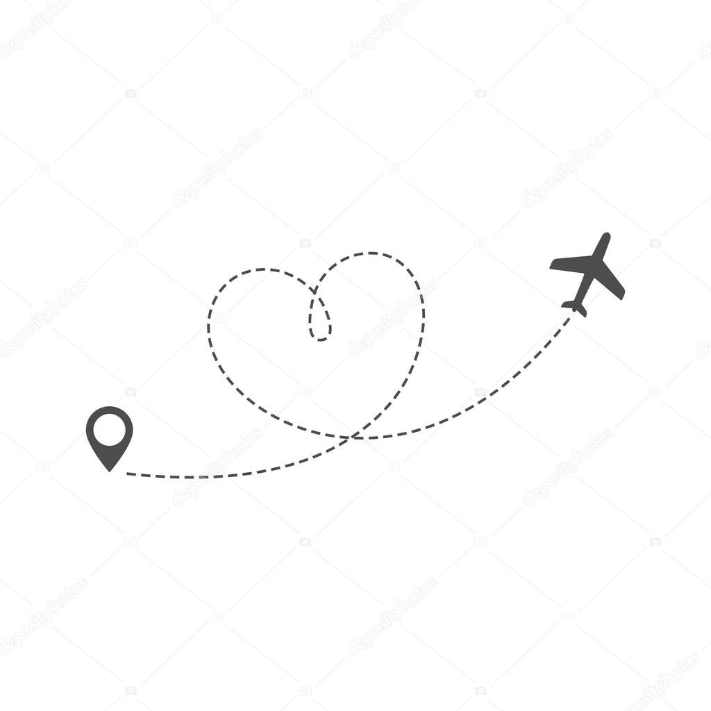 Airplane route or flight path in dashed line and a heart with location pin vector illustration.