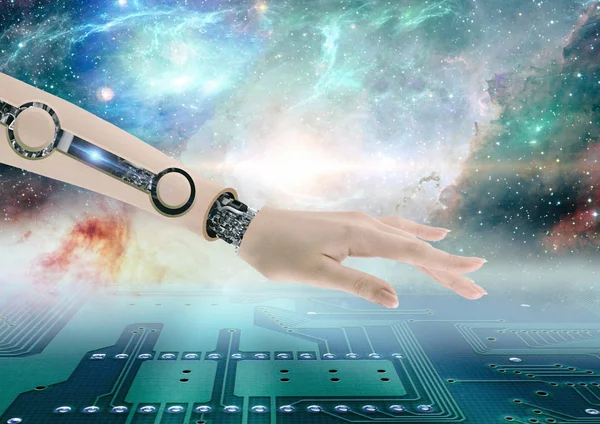 Female cyborg arm with gears on display, 3D rendering
