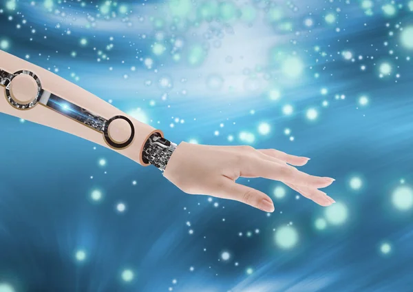 Female cyborg arm with gears on display, 3D rendering