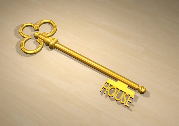 Golden key with a word house at the end, 3D rendering