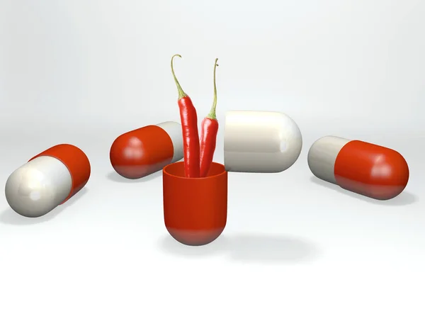 Pimenta saindo da cápsula, renderização 3D — Fotografia de Stock