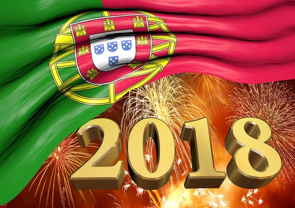 Portogallo, Lisbona festeggia il 2018 con fuochi d'artificio, rendering 3D — Foto Stock