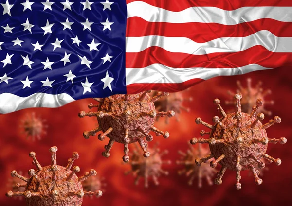 Coronavirus y bandera de EE.UU., una pandemia de virus comenzó en la ciudad china de Wuhan — Foto de Stock