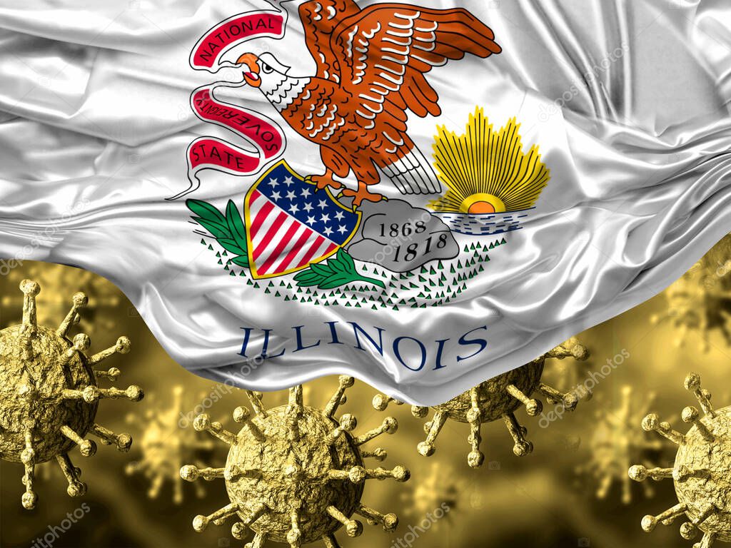 enlarged coronavirus, covid-19 under the flag of Illinois state. Pandemic of respiratory disease. 3D rendering