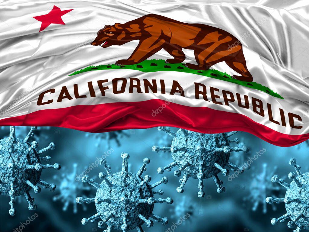 enlarged coronavirus, covid-19 under the flag of California state. Pandemic of respiratory disease. 3D rendering