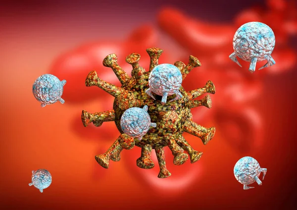 immune response against coronavirus and Covid-19. Antibodies activated by vaccine and drugs like hydroxychloroquine attacking viruses inside the human body. 3D rendering