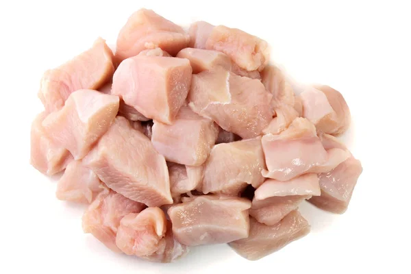 Mucchio Petto Pollo Crudo Tagliato Dadini Affettato Fresco Forma Cubica — Foto Stock