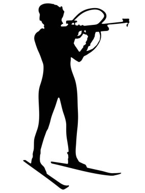 Kadın biatlon yarışçısı silueti, biatlon pozu, ayakta ateş eden biatlet, siyahlı gerçekçi siluet, vektör çizimi