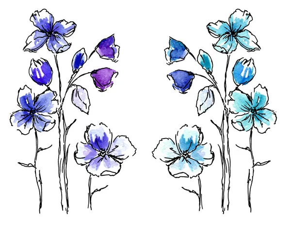 有两种颜色的花色草图 鲜花的手绘图解 春天花园 简朴典雅的水彩画 纸等的印刷图解 — 图库照片
