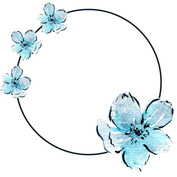 Çiçek çelengi minimalist suluboya illüstrasyonu, beyaz üzerine izole edilmiş mavi çizim çiçeği, tebrik kartları, davetiyeler, düğün davetiyeleri ve masa kartları için dekor unsuru