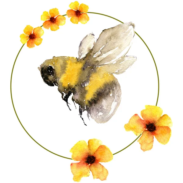 卡片模板与蜜蜂和花卉装饰 漂亮的卡片设计绿色和黄色关于暑假 收获活动或婚礼装饰 大黄蜂 花朵和蜂窝的水彩画 — 图库照片