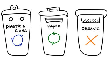 Çöp kutuları tasarımı, atık, plastik kutu, kağıt geri dönüşümü, organik atık konteynırı, izole edilmiş vektör resimlemesi için karalama çöp kutuları tasarımı