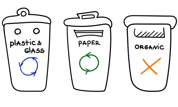 Çöp kutuları tasarımı, atık, plastik kutu, kağıt geri dönüşümü, organik atık konteynırı, izole edilmiş vektör resimlemesi için karalama çöp kutuları tasarımı