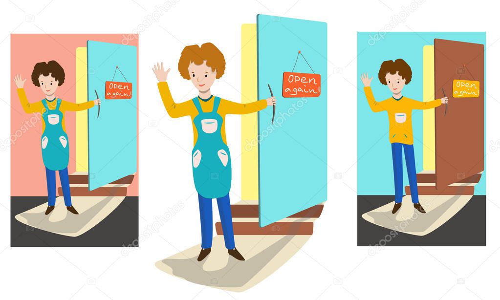 Open again after quarantine, flat vector illustration of small business owner welcoming customers, information about re-opening of a shop, service, caffe, restaurante, barbershop are working again