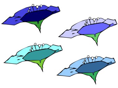 Çiçek başlarının vektör çizimi. Farklı renklerde dört set. Logo, etiket, kart baskısı için izole tasarım ögesi. Tekstil veya ambalaj kağıdı baskısı için desen tasarımının bir parçası olabilir.