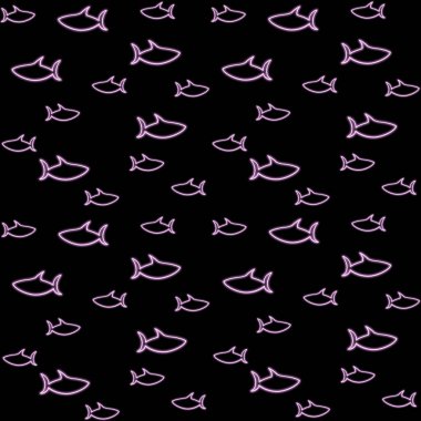 Siyah üzerine pembe köpekbalığı siluetleri olan parlak bir ağ arka planı. Yüksek çözünürlüklü kusursuz desen ve sualtı balıklarının çizimi, web siteleri için deniz temalı arka plan deniz yaban hayatını ilgilendiriyor