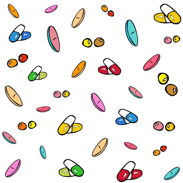Tabletki Wzór Bezszwowy Dekoracji Apteki Zabawny Kolorowy Wzór Narkotyków Ilustracji — Wektor stockowy