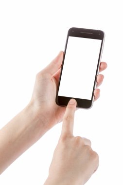 Elini tut smartphone telefon üzerinde beyaz izole