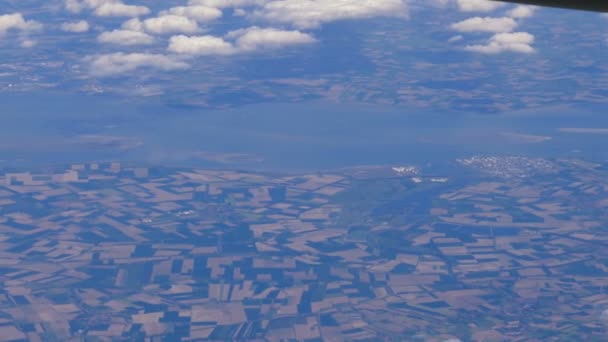 Plane Flies Highly Earth Clouds Traveling Air View Plane Window — Stock Video