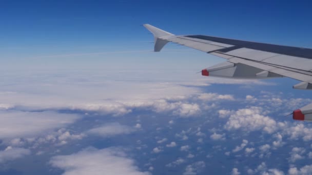 Plane Flies Highly Earth Clouds Traveling Air View Plane Window — Stock Video