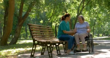 Caregiver konuştuğu tekerlekli sandalye açık havada kadın kıdemli devre dışı