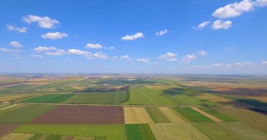 Sarı ve yeşil renklerde farklı bitkileri tarım parseller. Havadan görünümü ateş dron alanının üstündeki doğrudan gelen. 4k