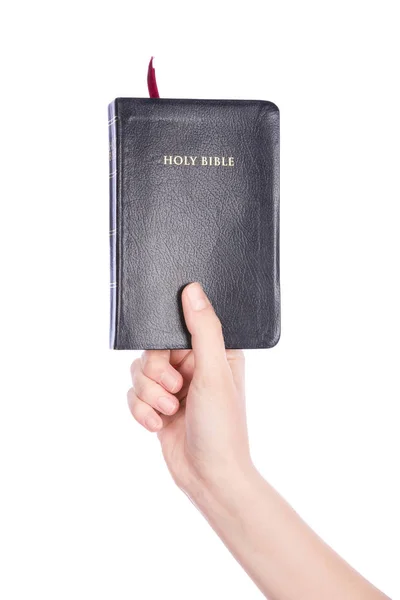 Kvinnan handen håller Bibeln på vit — Stockfoto