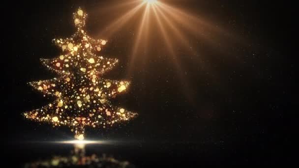 Gold Christmas Tree Animation Merry Christmas Text Snow Light Black — Stock Video