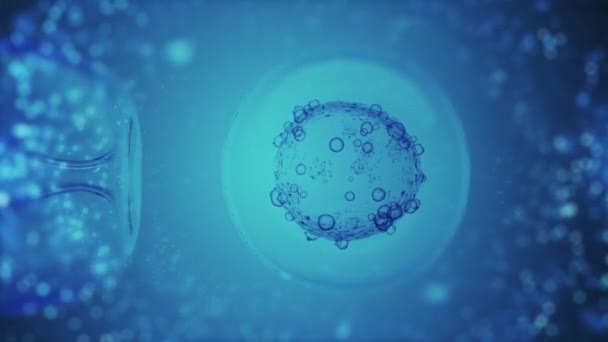 体外受精では青色顕微鏡を通して体外受精を行う 女性の卵 卵子または受精卵の人工授精の科学的な医療3Dレンダリング — ストック動画