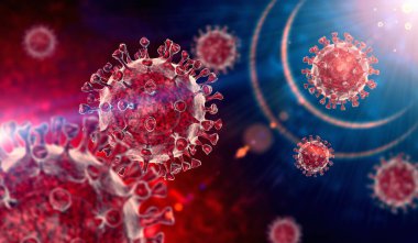 Coronavirus COVID-19 mikroskobik virüs Corona virüsü 3D illüstrasyon. Mavi ve kırmızı arkaplanda 3 boyutlu virüs oluşturma.