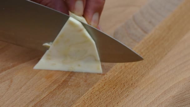 Cutting Celery Slices Cutting Board Kitchen Knife Closeup — Stock Video