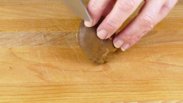 Cutting Bay Bolete Slices Cutting Board Kitchen Knife Closeup — Stock Video