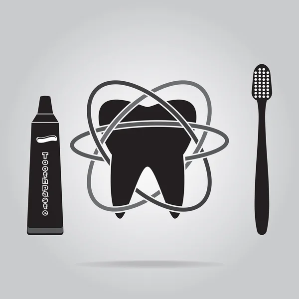 Diente, Cepillo de dientes y Tubo de pasta de dientes icono — Vector de stock