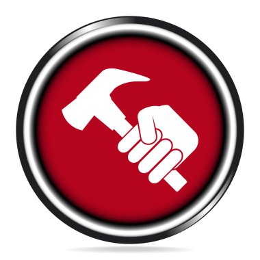 Kırmızı düğmeye çekiçle tutan el. çalışma aracı simgesini