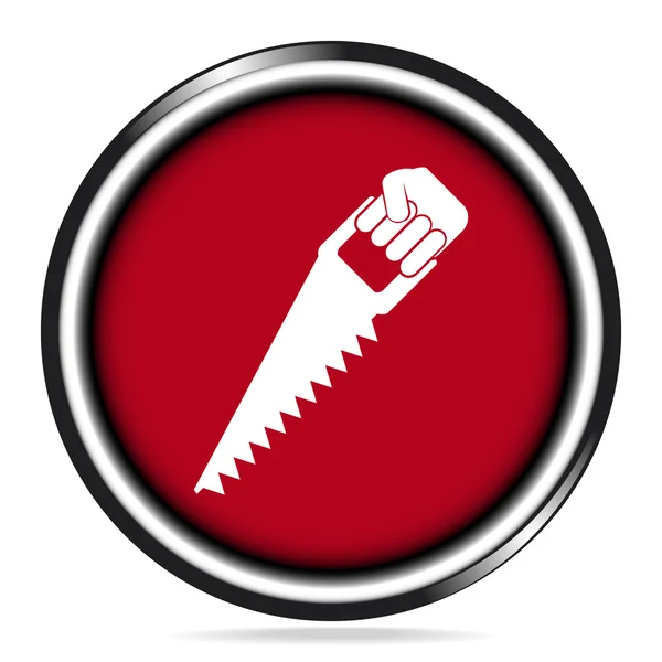 Mano sosteniendo con sierra en botón rojo. icono de herramienta de trabajo — Vector de stock