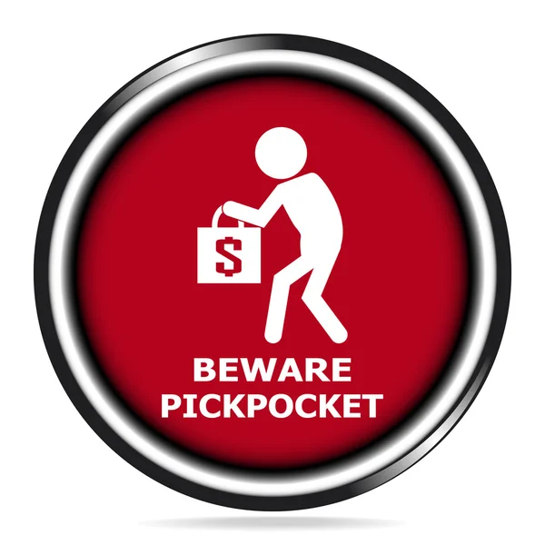 Vorsicht Taschendiebstahlschild, Taschendiebstahlsymbol auf rotem Knopf — Stockvektor
