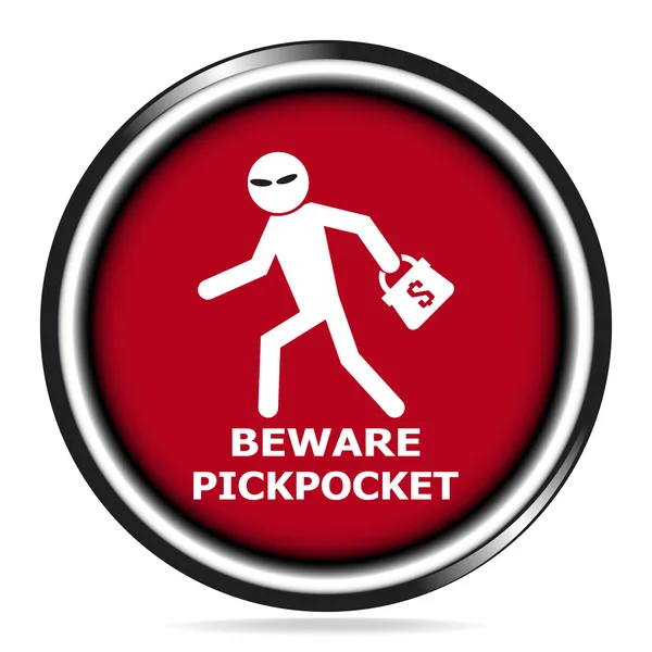 Beware pickpocket sign, pickpocket icon on red  button — Stock Vector