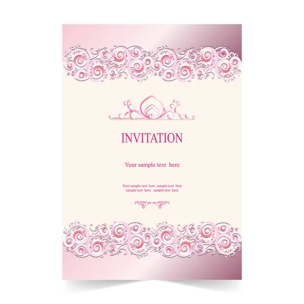 Tarjeta de invitación, tarjeta de boda con fondo rosa ornamental — Archivo Imágenes Vectoriales