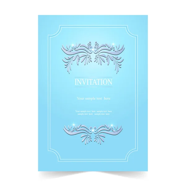Tarjeta de invitación, tarjeta de boda con fondo azul ornamental — Vector de stock
