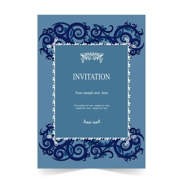 Tarjeta de invitación, tarjeta de boda con ornamental sobre fondo azul — Vector de stock