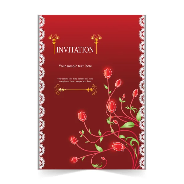 Tarjeta de invitación, tarjeta de boda con ornamental sobre fondo rojo — Vector de stock