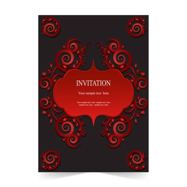 Tarjeta de invitación, tarjeta de boda con ornamental sobre fondo rojo — Vector de stock