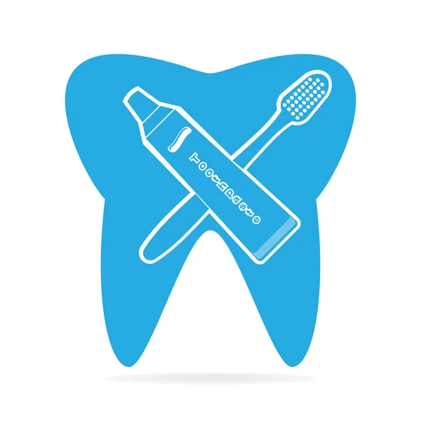 Diente, Cepillo de dientes y Tubo de pasta de dientes icono, icono del dentista — Archivo Imágenes Vectoriales