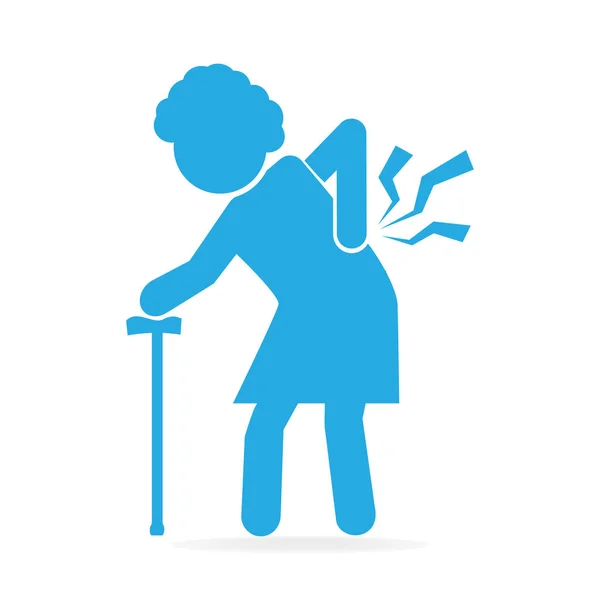 Mujer mayor con palo y lesión del icono del dolor de espalda — Vector de stock