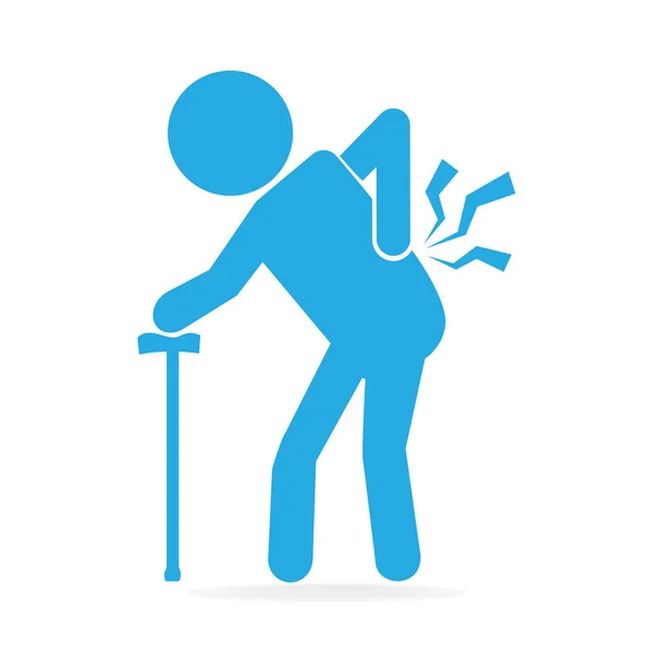 Oudere Man met stick en letsel van het pictogram van de pijn in de onderrug — Stockvector